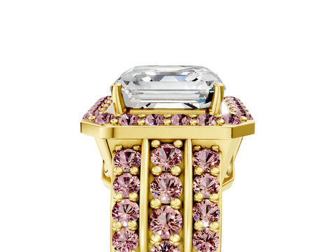 Yellow gold Asscher Cut Halo Diamond Ring with Round with Morganite side stone Split Shank and Prong Setting_5