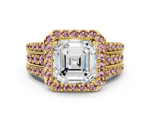 Yellow gold Asscher Cut Halo Diamond Ring with Round with Morganite side stone Split Shank and Prong Setting