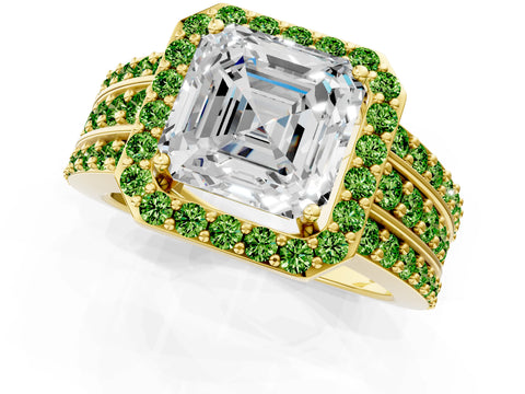 Yellow gold Asscher Cut Halo Diamond Ring with Round with Peridot side stone Split Shank and Prong Setting_1