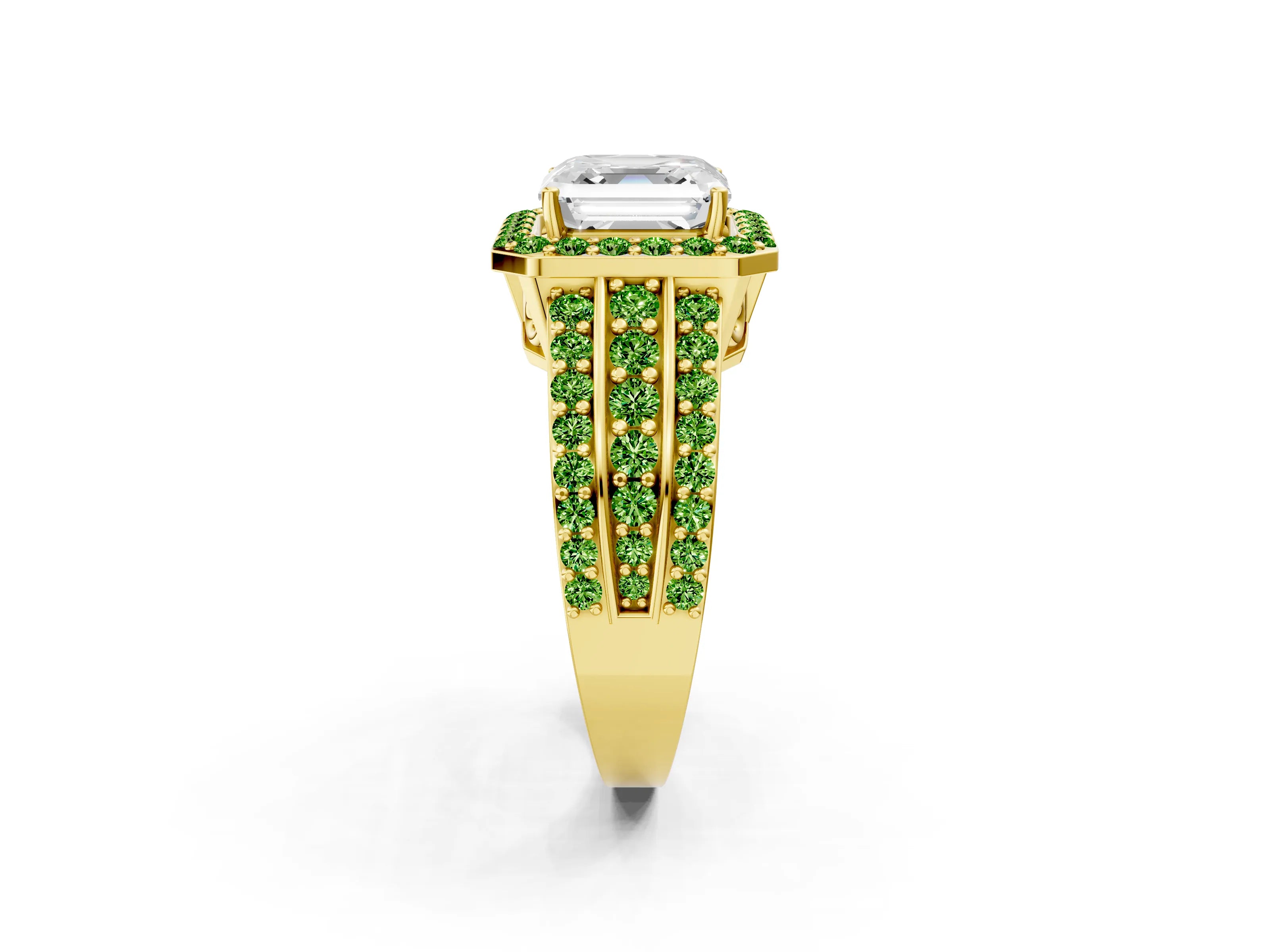 Yellow gold Asscher Cut Halo Diamond Ring with Round with Peridot side stone Split Shank and Prong Setting_2
