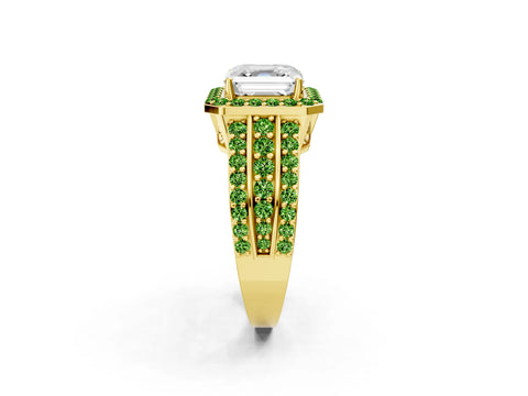 Yellow gold Asscher Cut Halo Diamond Ring with Round with Peridot side stone Split Shank and Prong Setting_2