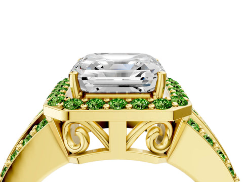 Yellow gold Asscher Cut Halo Diamond Ring with Round with Peridot side stone Split Shank and Prong Setting_4