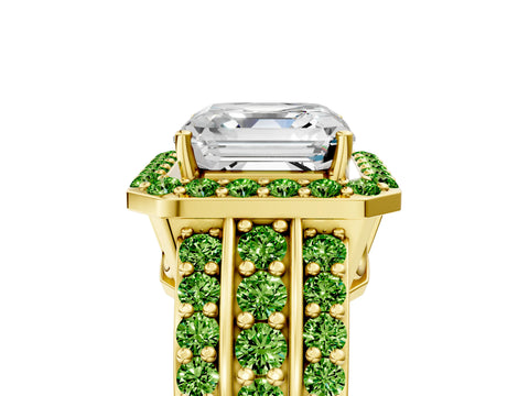 Yellow gold Asscher Cut Halo Diamond Ring with Round with Peridot side stone Split Shank and Prong Setting_5