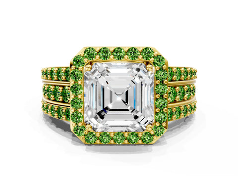 Yellow gold Asscher Cut Halo Diamond Ring with Round with Peridot side stone Split Shank and Prong Setting