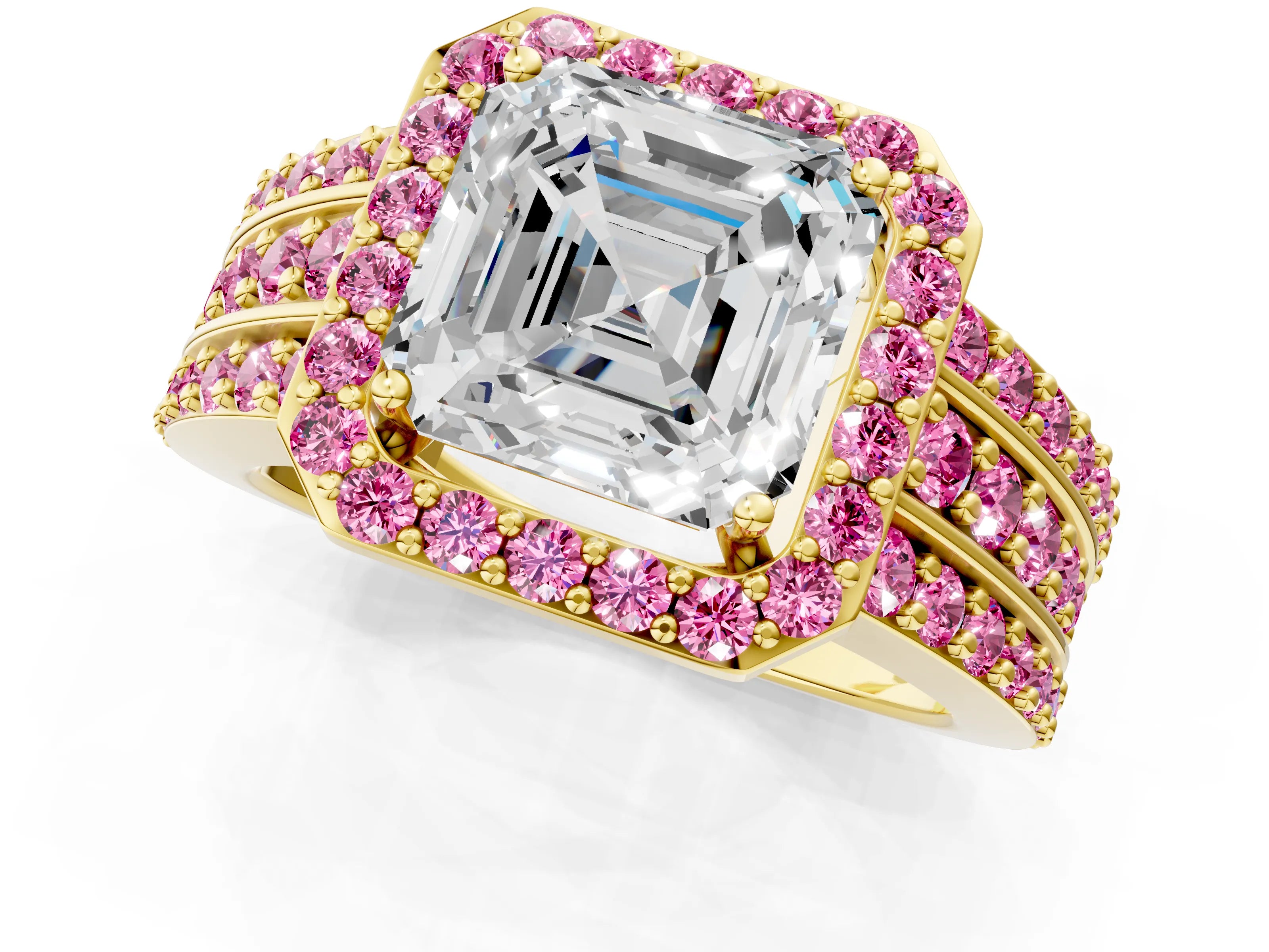 Yellow gold Asscher Cut Halo Diamond Ring with Round with Pink Sapphire side stone Split Shank and Prong Setting_1