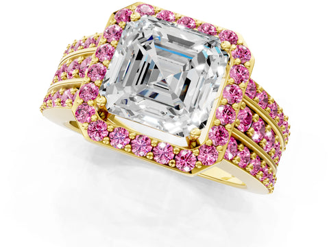 Yellow gold Asscher Cut Halo Diamond Ring with Round with Pink Sapphire side stone Split Shank and Prong Setting_1