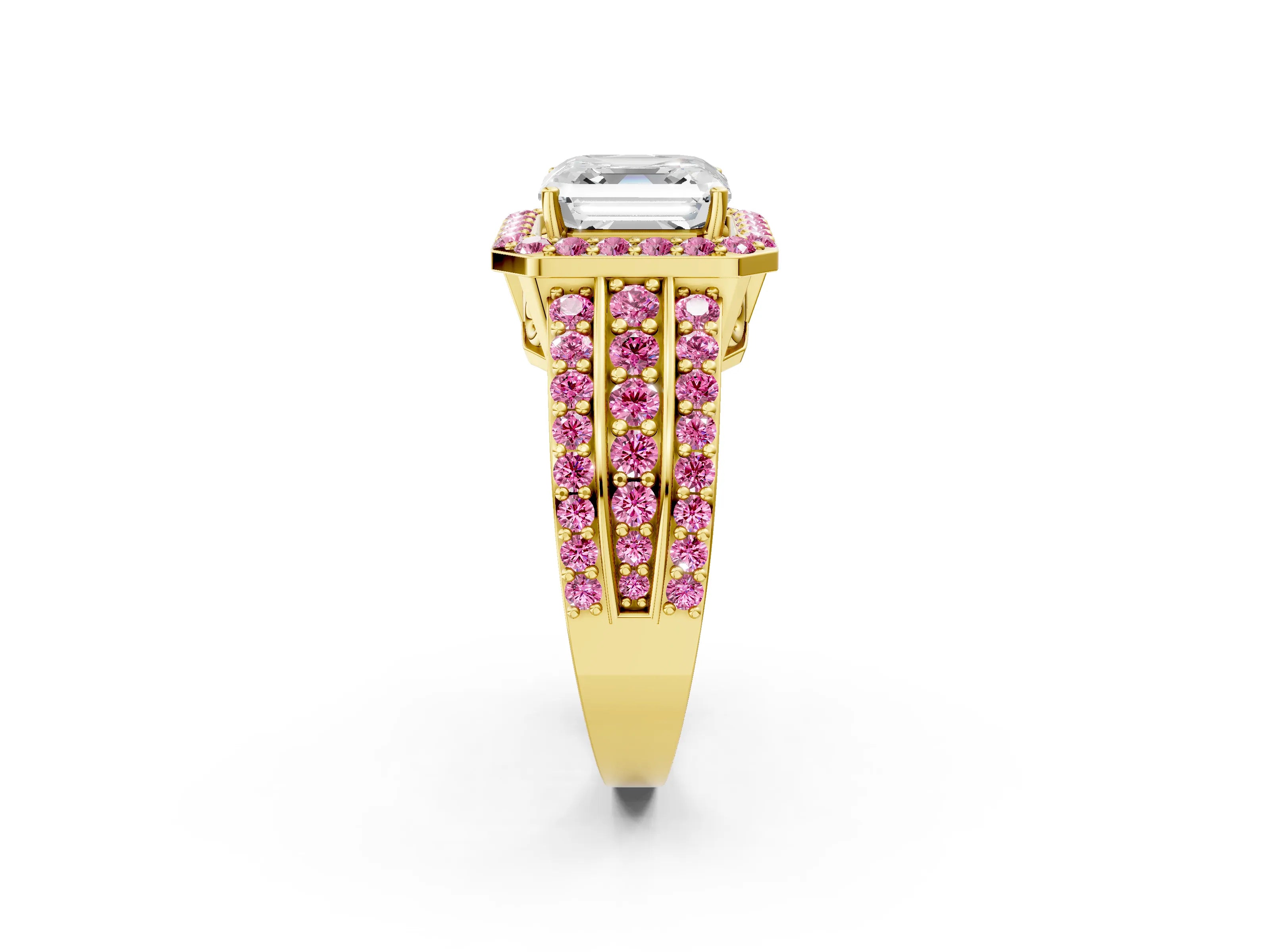 Yellow gold Asscher Cut Halo Diamond Ring with Round with Pink Sapphire side stone Split Shank and Prong Setting_2