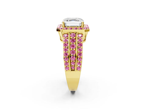 Yellow gold Asscher Cut Halo Diamond Ring with Round with Pink Sapphire side stone Split Shank and Prong Setting_2