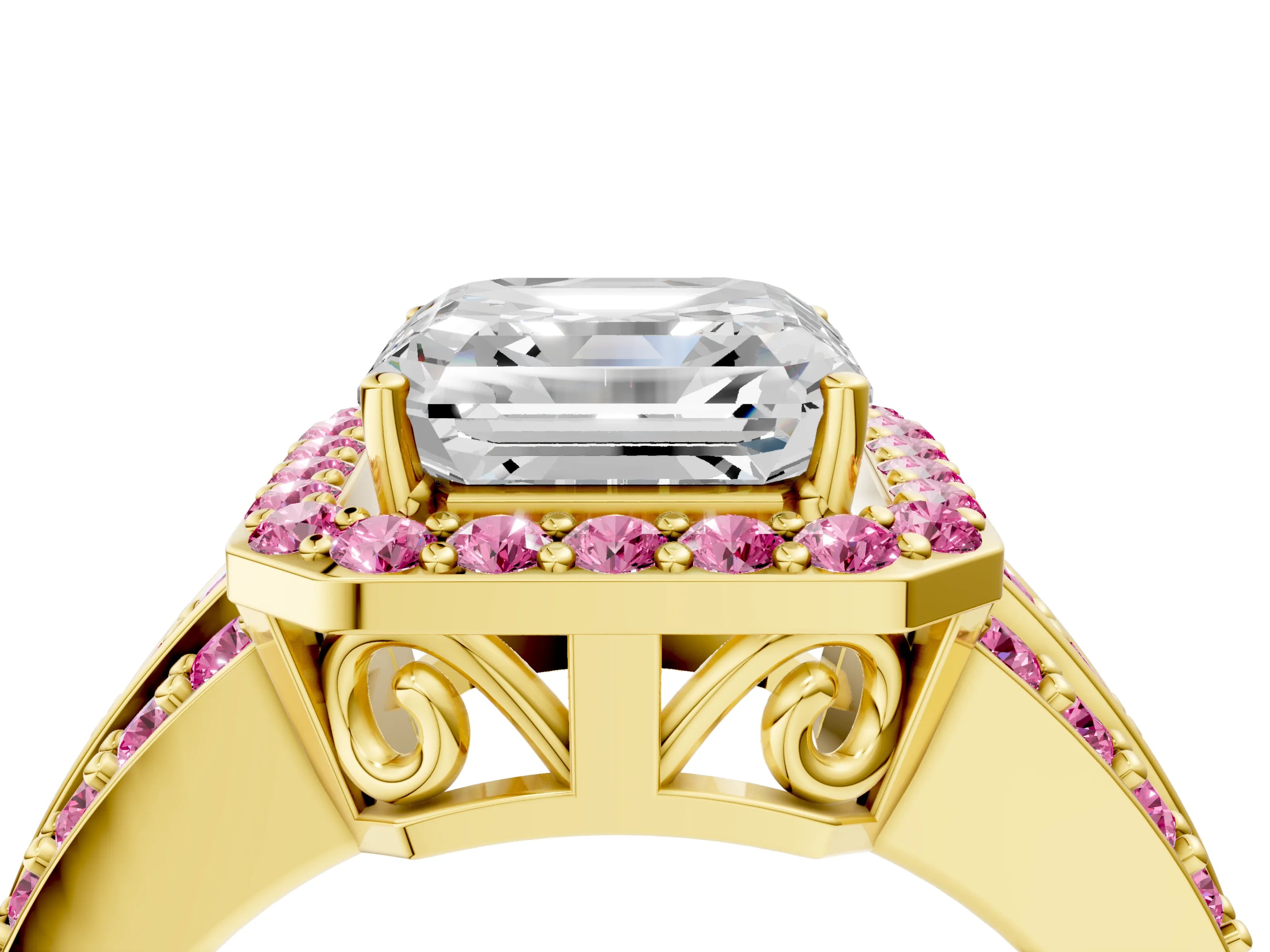 Yellow gold Asscher Cut Halo Diamond Ring with Round with Pink Sapphire side stone Split Shank and Prong Setting_4