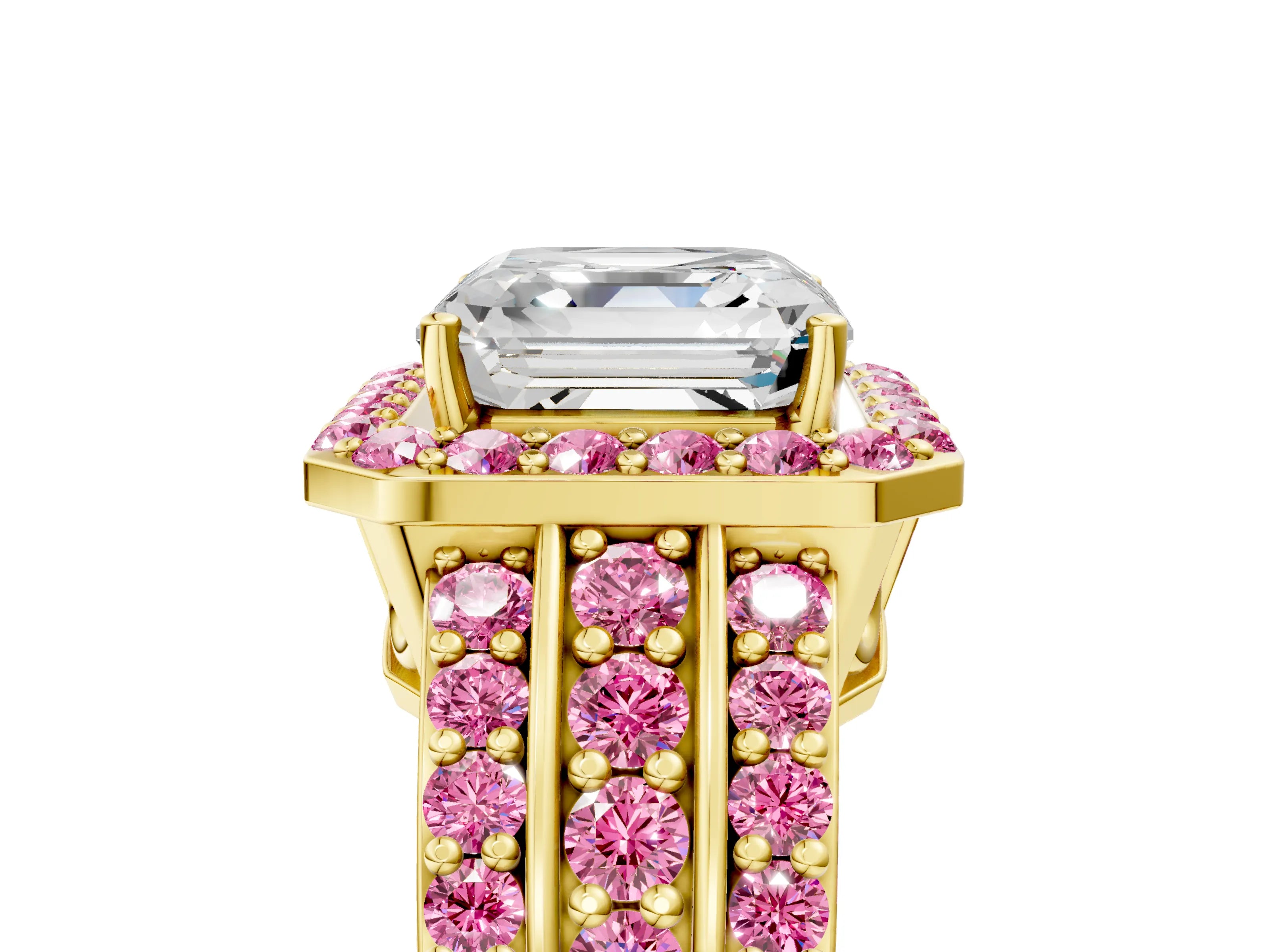 Yellow gold Asscher Cut Halo Diamond Ring with Round with Pink Sapphire side stone Split Shank and Prong Setting_5