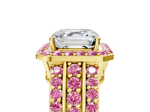 Yellow gold Asscher Cut Halo Diamond Ring with Round with Pink Sapphire side stone Split Shank and Prong Setting_5