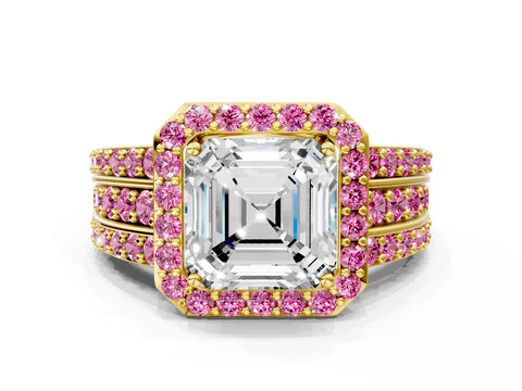 Yellow gold Asscher Cut Halo Diamond Ring with Round with Pink Sapphire side stone Split Shank and Prong Setting
