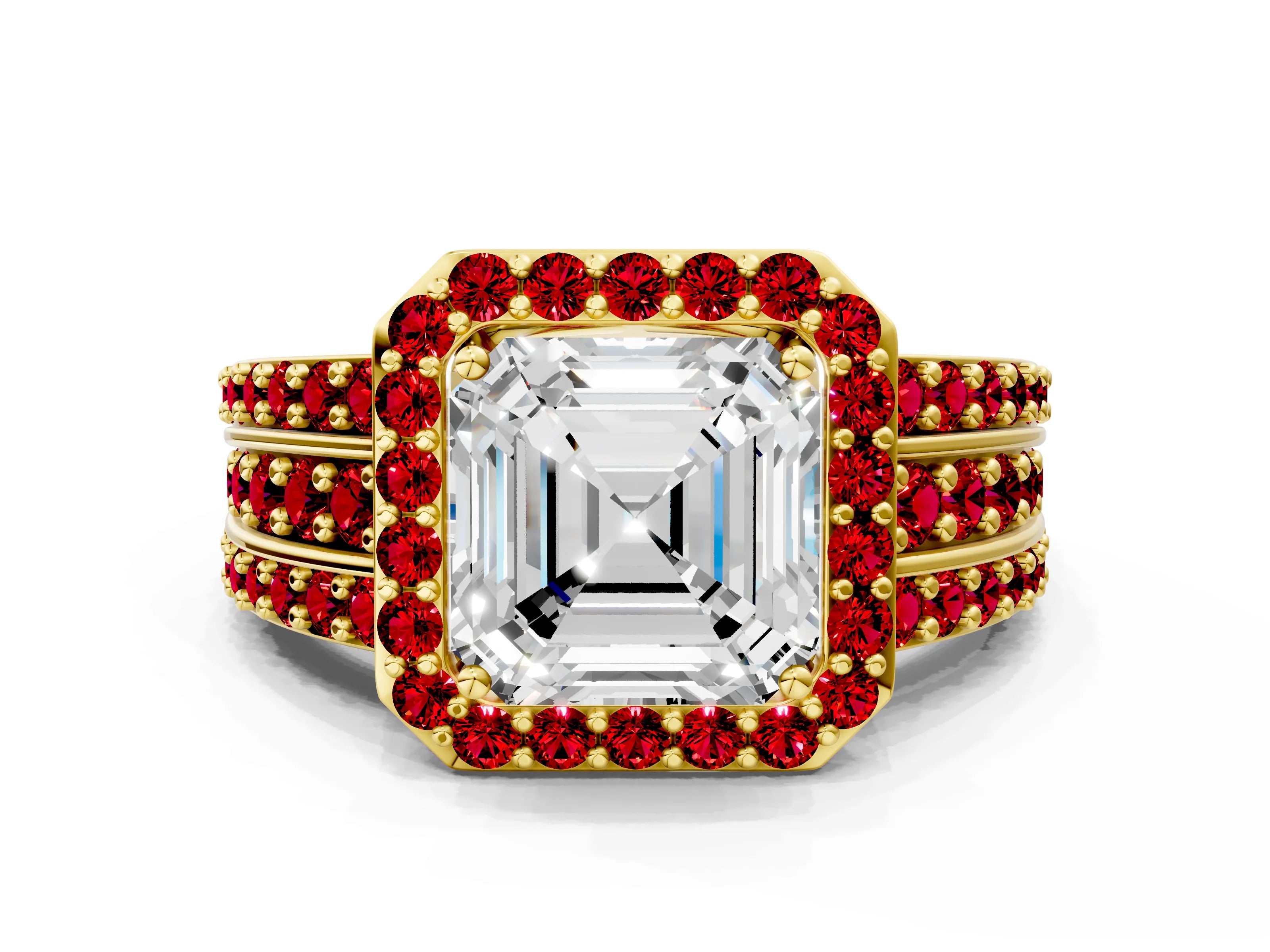 Yellow gold Asscher Cut Halo Diamond Ring with Round with Ruby side stone Split Shank and Prong Setting