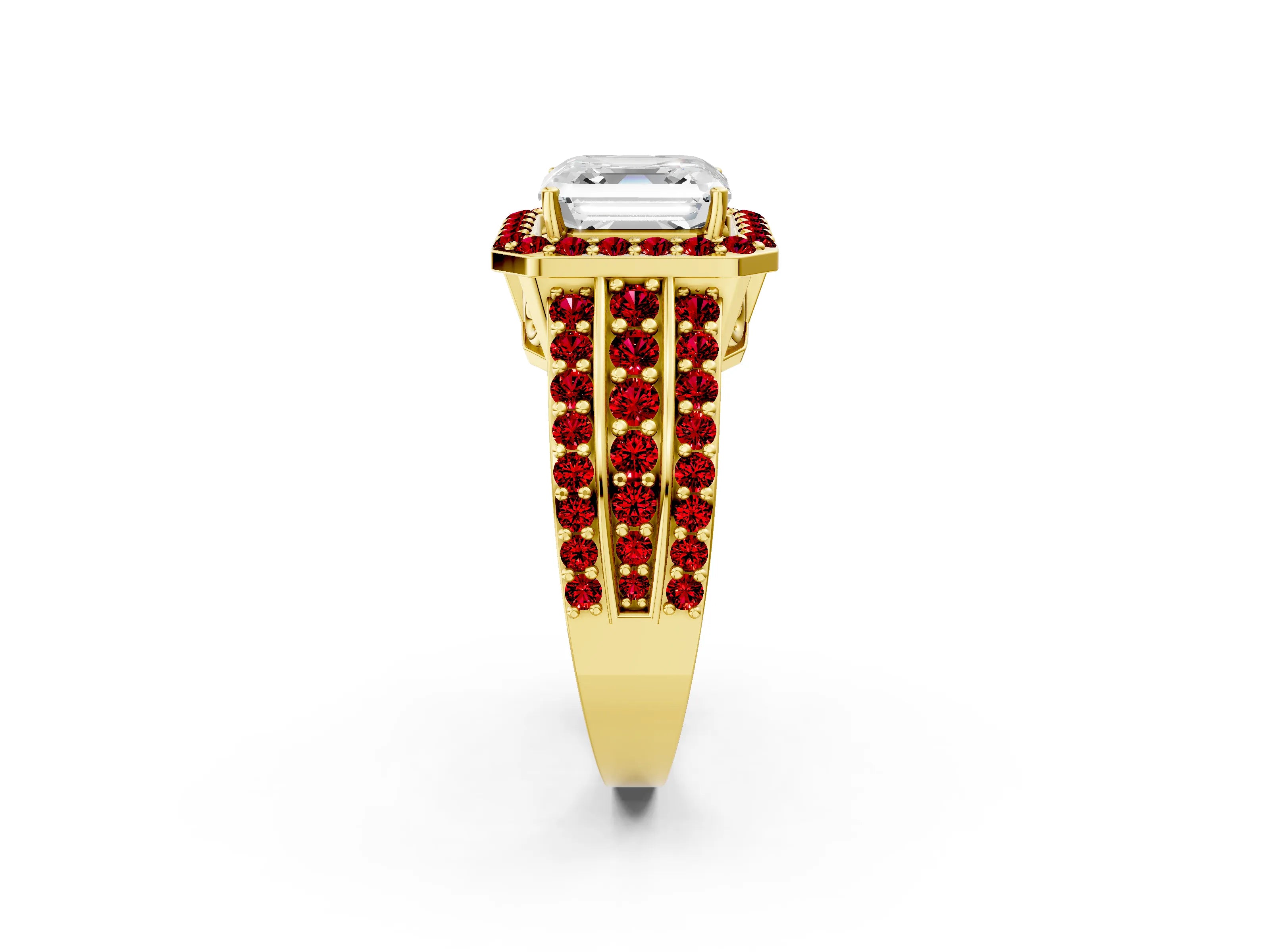Yellow gold Asscher Cut Halo Diamond Ring with Round with Ruby side stone Split Shank and Prong Setting_2