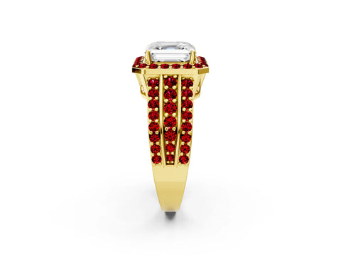 Yellow gold Asscher Cut Halo Diamond Ring with Round with Ruby side stone Split Shank and Prong Setting_2