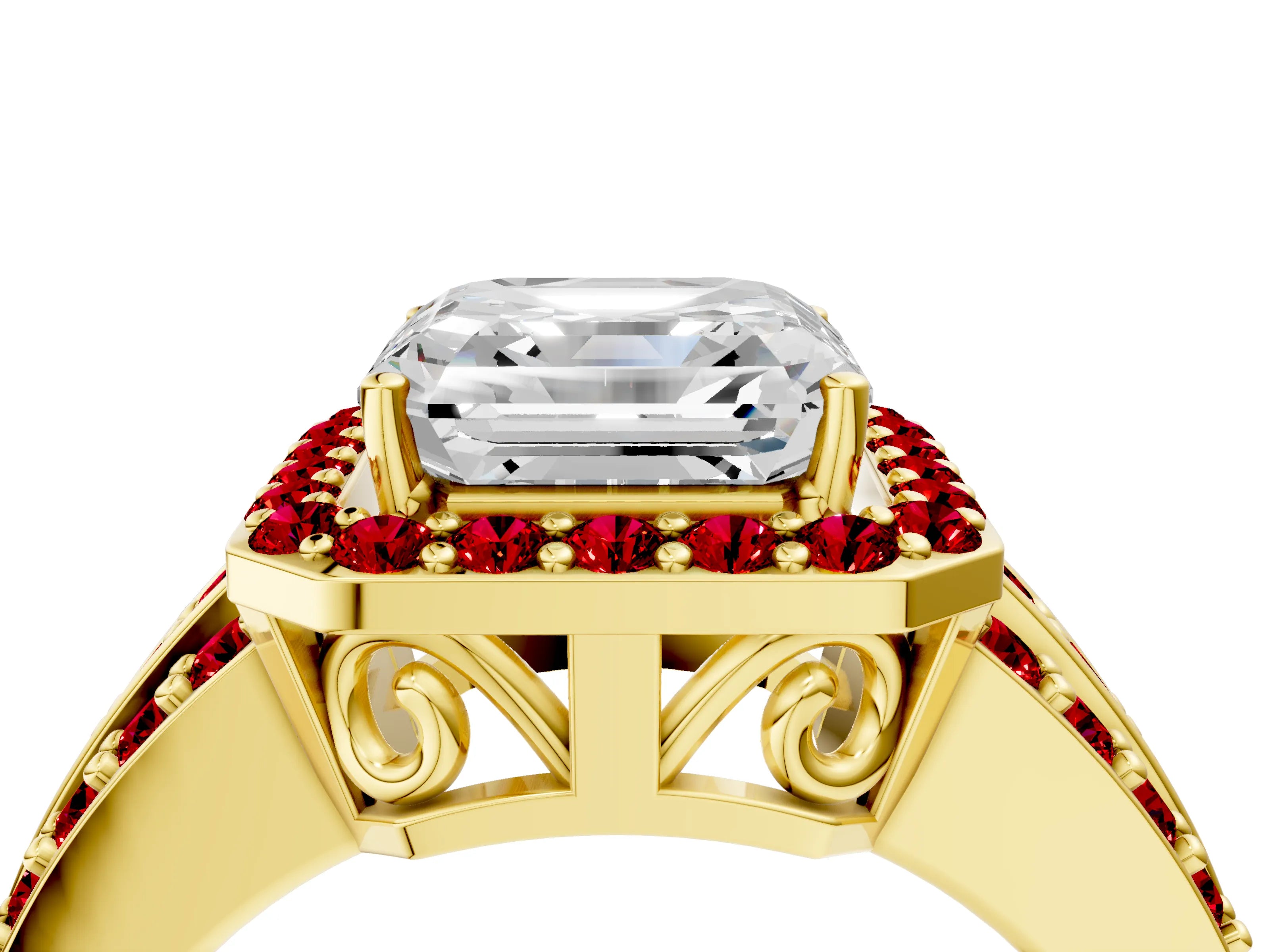 Yellow gold Asscher Cut Halo Diamond Ring with Round with Ruby side stone Split Shank and Prong Setting_4