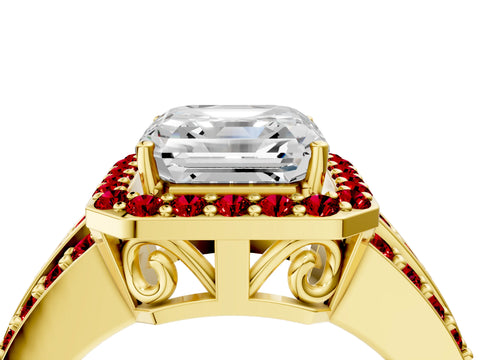 Yellow gold Asscher Cut Halo Diamond Ring with Round with Ruby side stone Split Shank and Prong Setting_4