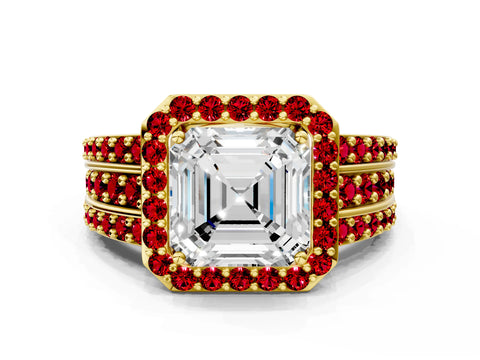 Yellow gold Asscher Cut Halo Diamond Ring with Round with Ruby side stone Split Shank and Prong Setting