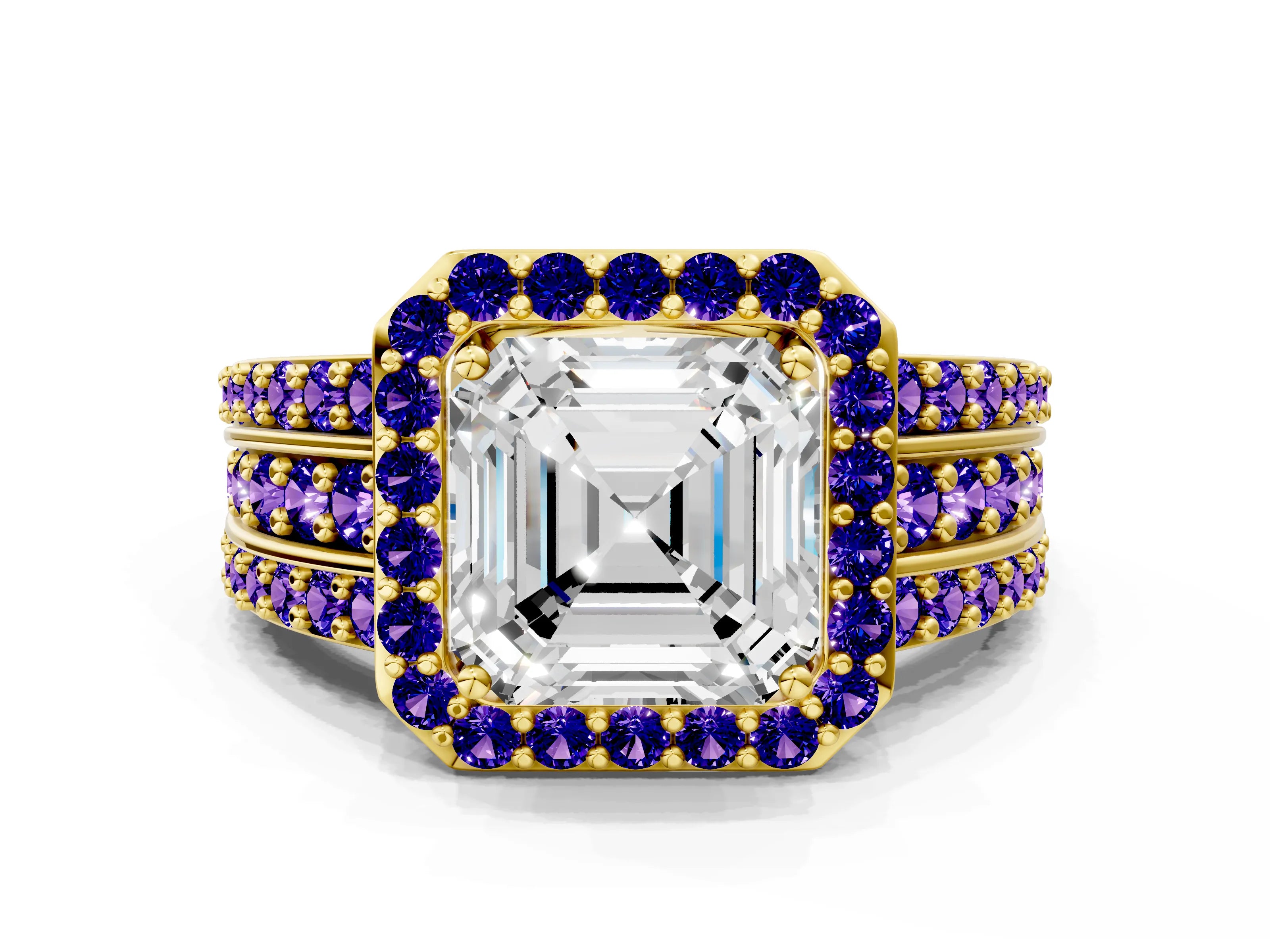 Yellow gold Asscher Cut Halo Diamond Ring with Round with Tanzanite side stone Split Shank and Prong Setting