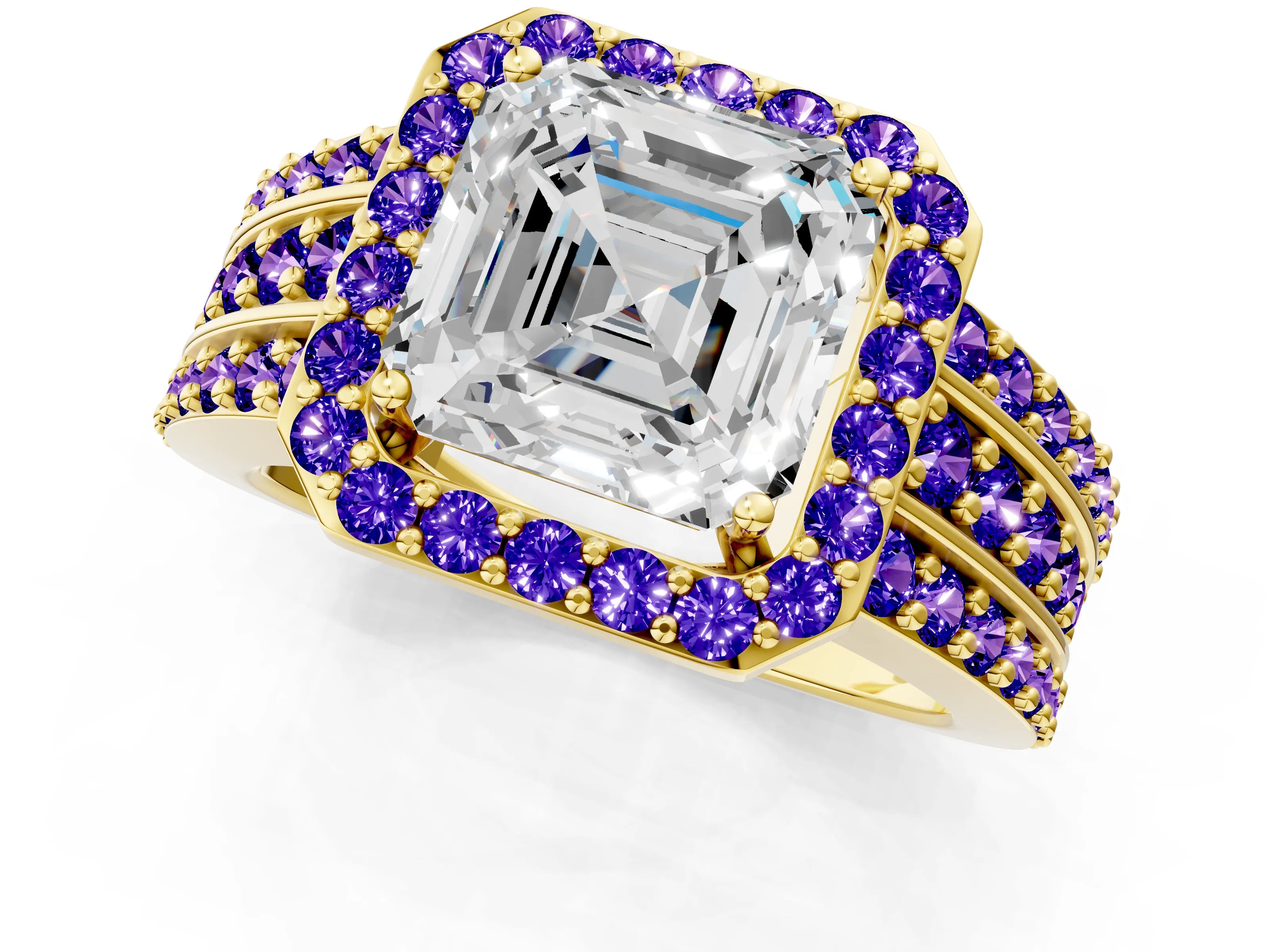 Yellow gold Asscher Cut Halo Diamond Ring with Round with Tanzanite side stone Split Shank and Prong Setting_1