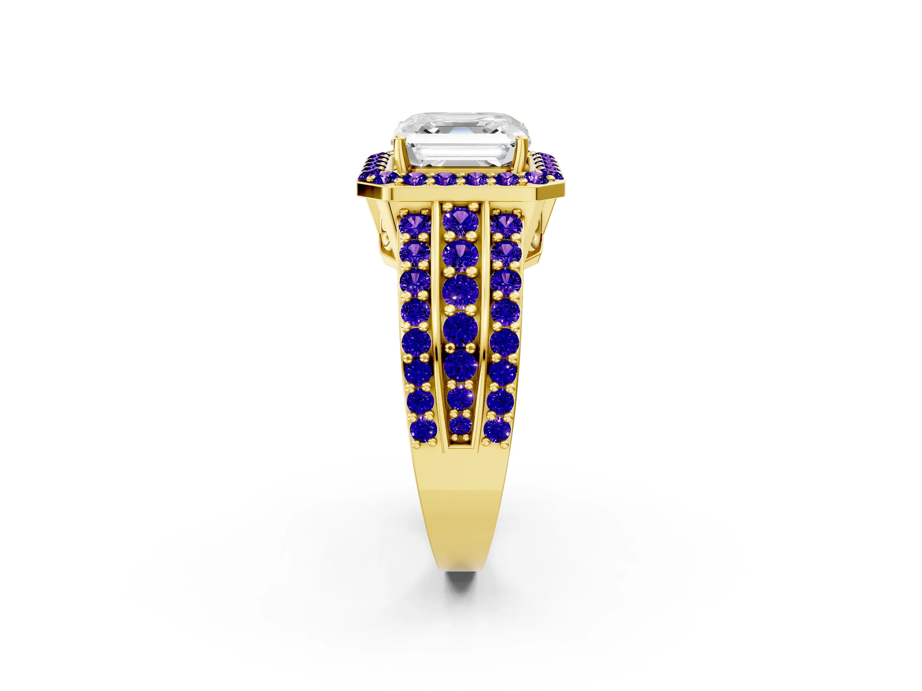 Yellow gold Asscher Cut Halo Diamond Ring with Round with Tanzanite side stone Split Shank and Prong Setting_2