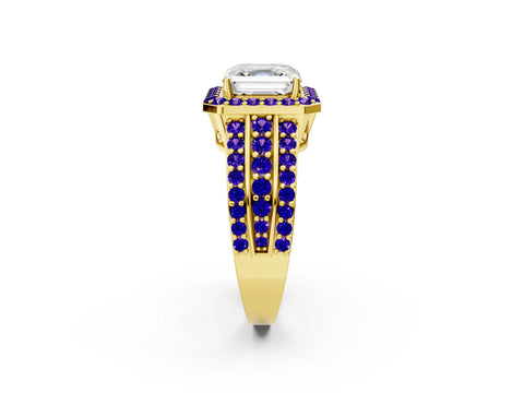 Yellow gold Asscher Cut Halo Diamond Ring with Round with Tanzanite side stone Split Shank and Prong Setting_2