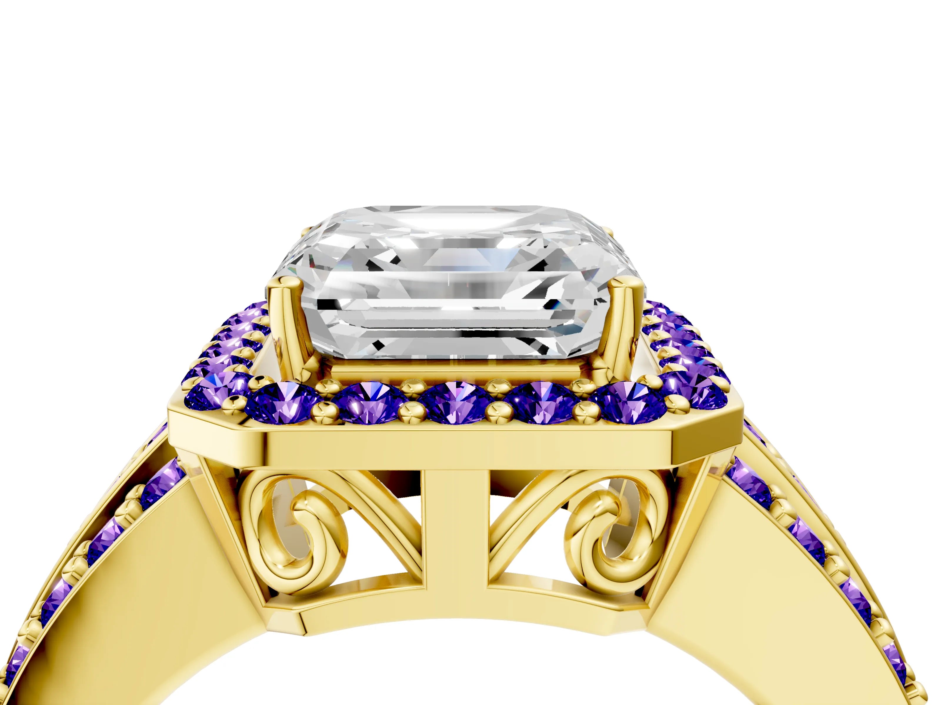 Yellow gold Asscher Cut Halo Diamond Ring with Round with Tanzanite side stone Split Shank and Prong Setting_4