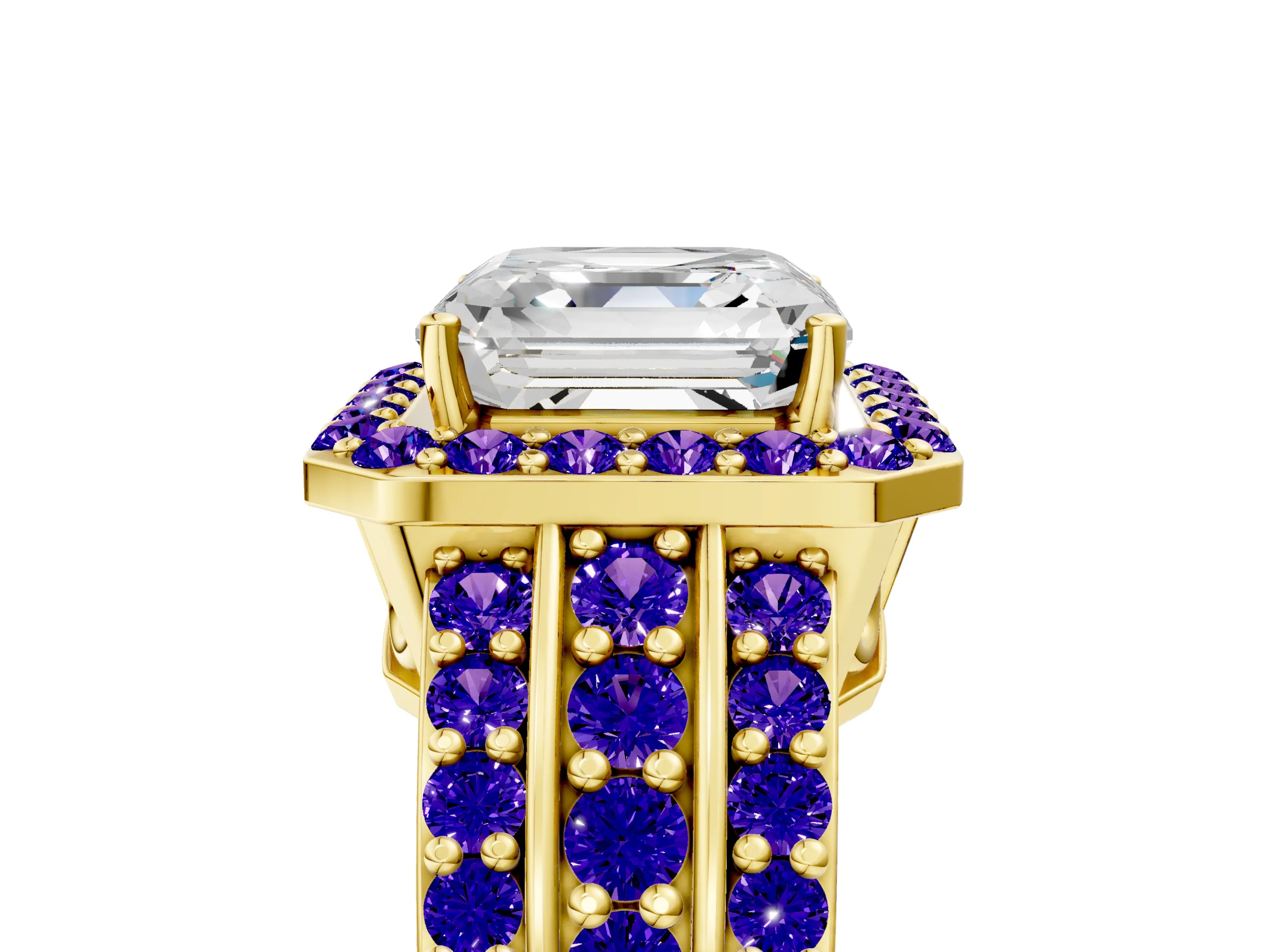 Yellow gold Asscher Cut Halo Diamond Ring with Round with Tanzanite side stone Split Shank and Prong Setting_5