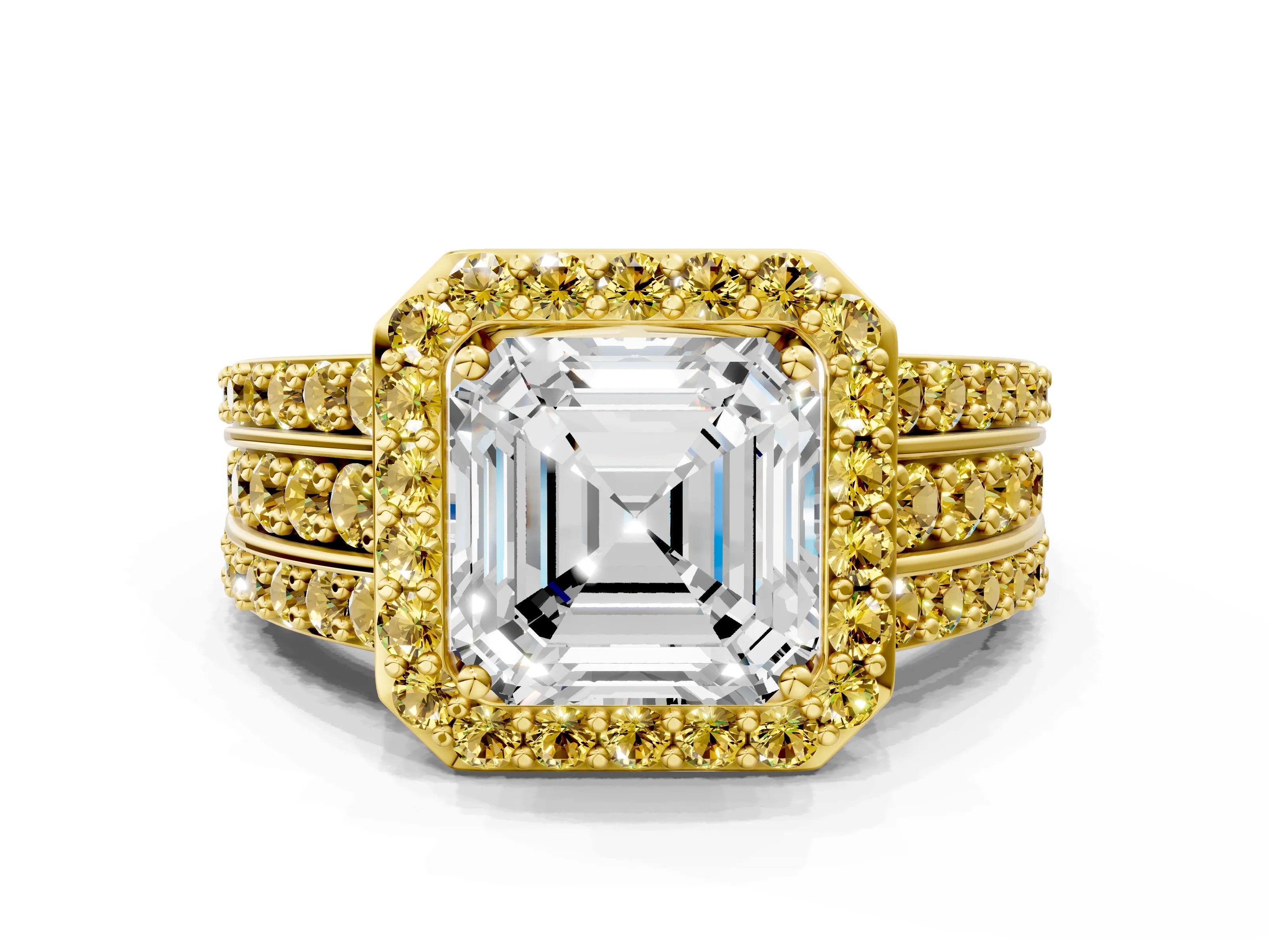 Yellow gold Asscher Cut Halo Diamond Ring with Round with Yellow Sapphire side stone Split Shank and Prong Setting