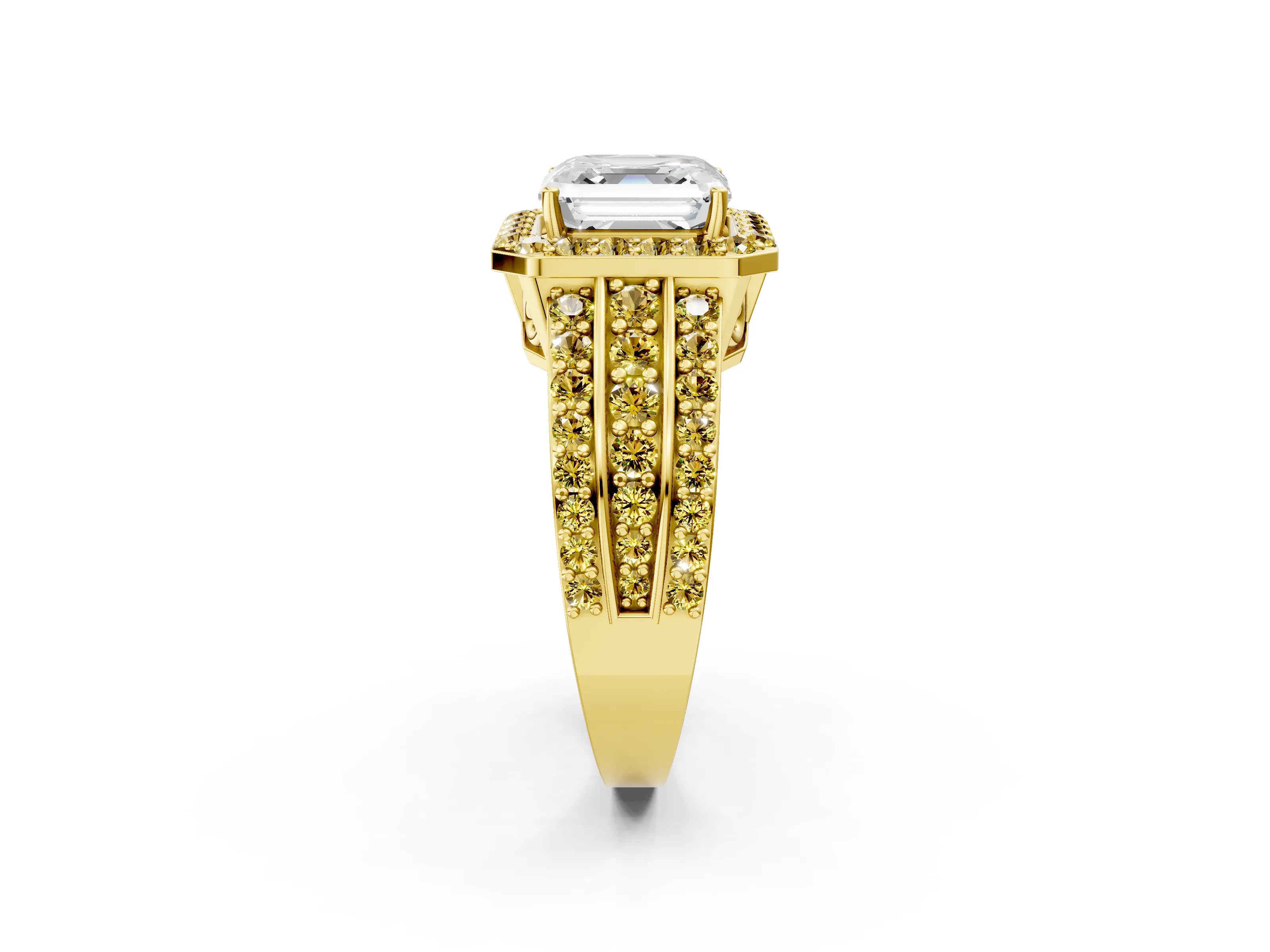 Yellow gold Asscher Cut Halo Diamond Ring with Round with Yellow Sapphire side stone Split Shank and Prong Setting_2