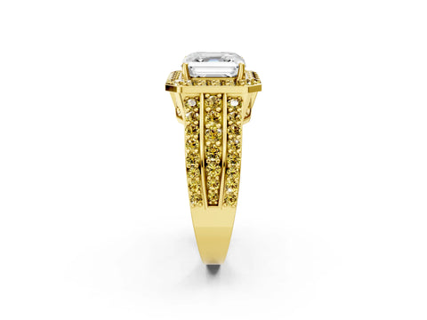 Yellow gold Asscher Cut Halo Diamond Ring with Round with Yellow Sapphire side stone Split Shank and Prong Setting_2