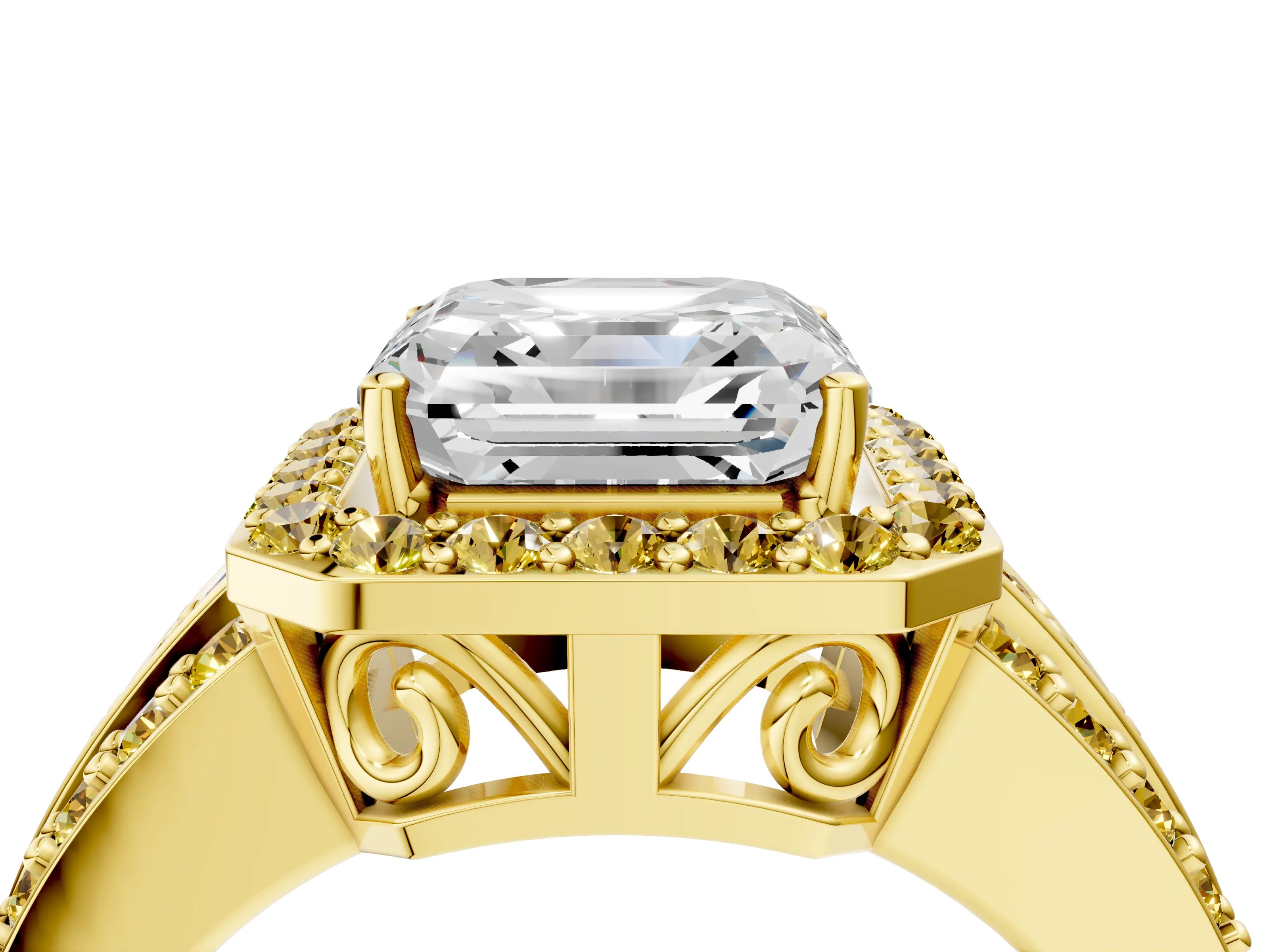 Yellow gold Asscher Cut Halo Diamond Ring with Round with Yellow Sapphire side stone Split Shank and Prong Setting_4