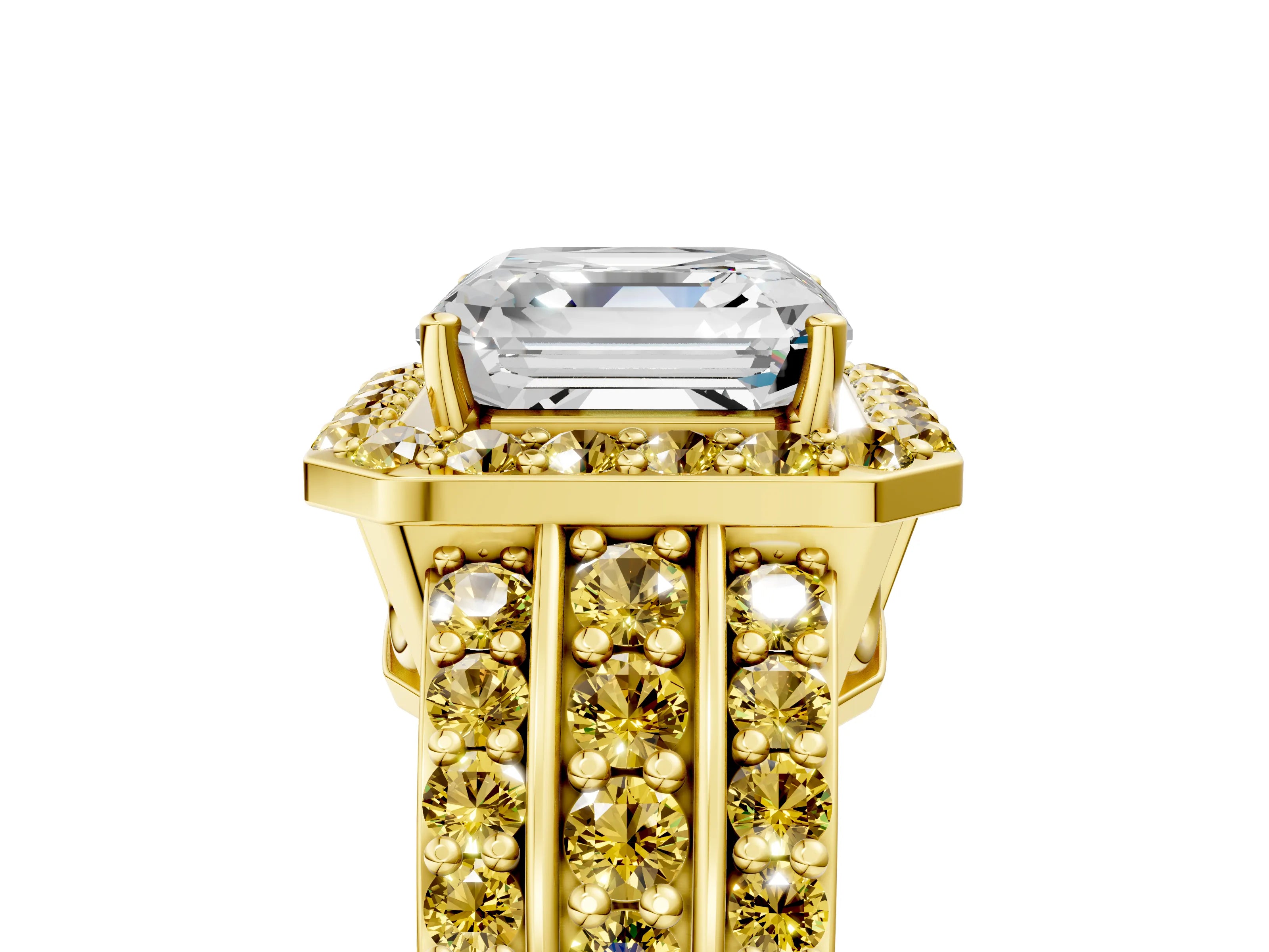 Yellow gold Asscher Cut Halo Diamond Ring with Round with Yellow Sapphire side stone Split Shank and Prong Setting_5
