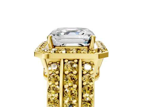Yellow gold Asscher Cut Halo Diamond Ring with Round with Yellow Sapphire side stone Split Shank and Prong Setting_5