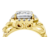 Yellow gold Asscher Cut Halo Diamond Ring with Scrollwork Band and Four-Prong Setting_10