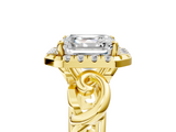 Yellow gold Asscher Cut Halo Diamond Ring with Scrollwork Band and Four-Prong Setting_11