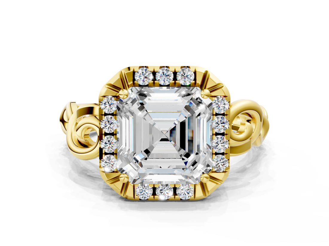 Yellow gold Asscher Cut Halo Diamond Ring with Scrollwork Band and Four-Prong Setting_6