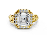 Yellow gold Asscher Cut Halo Diamond Ring with Scrollwork Band and Four-Prong Setting_6