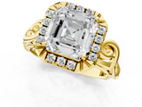 Yellow gold Asscher Cut Halo Diamond Ring with Scrollwork Band and Four-Prong Setting_7
