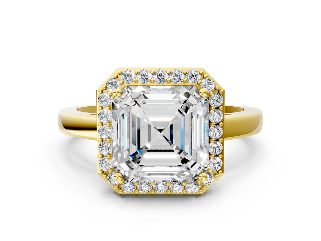 Yellow gold Asscher Cut Halo Diamond Ring with Solitaire Band and Prong Setting_13