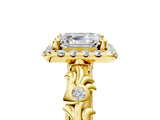 Yellow gold Asscher Cut Halo Diamond Solitaire with Filigree Band and Four-Prong Setting_12