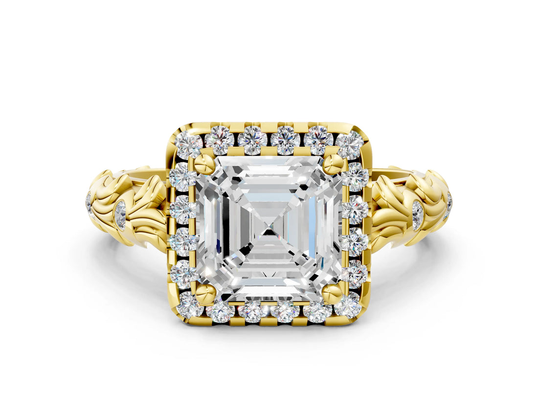 Yellow gold Asscher Cut Halo Diamond Solitaire with Filigree Band and Four-Prong Setting_7