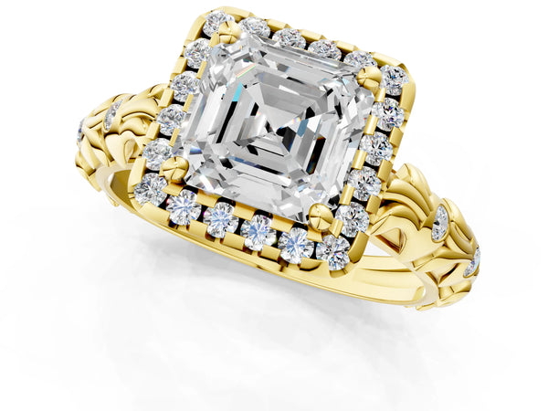 Yellow Gold Asscher Cut Halo Engagement Ring Setting with Leaf Band