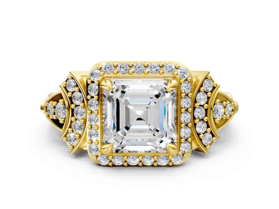 Yellow gold Asscher Cut Halo Diamond Split Shank Engagement Ring with Four-Prong Setting_13