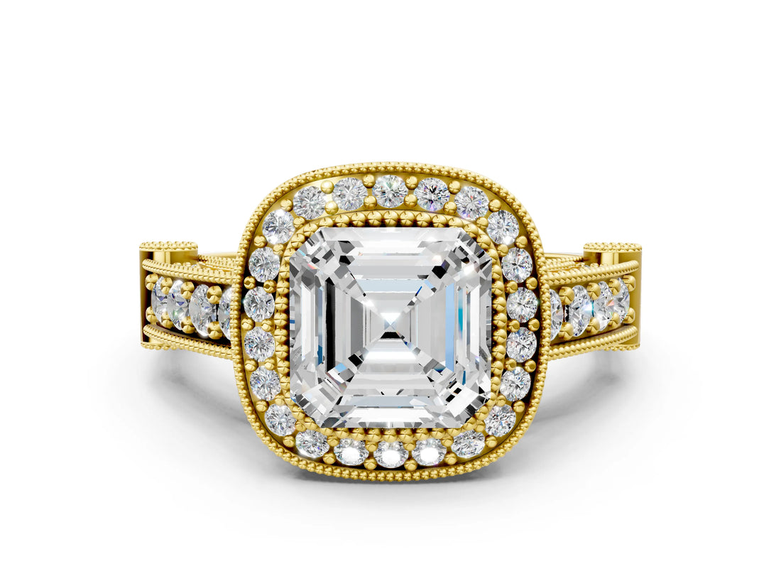 Yellow gold Asscher Cut Halo Diamond Split Shank Pave Ring_13