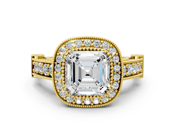 Yellow Gold Asscher Cut Vintage Bezel Halo Engagement Ring Setting