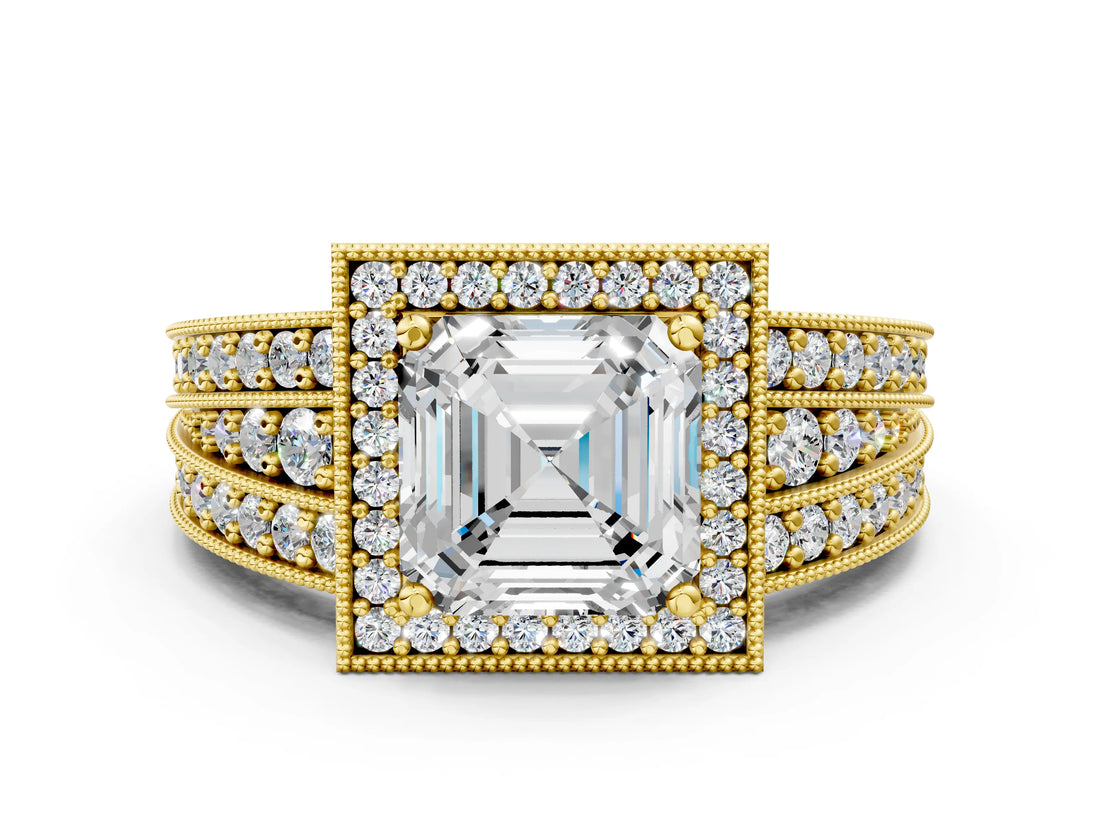 Yellow gold Asscher Cut Halo Diamond Split Shank Ring with Prong Setting_3