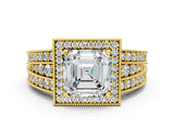Yellow gold Asscher Cut Halo Diamond Split Shank Ring with Prong Setting_3