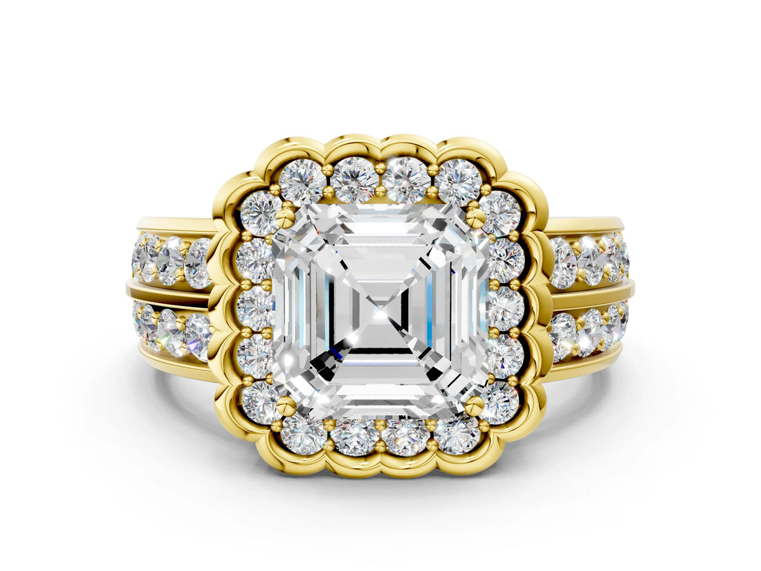 Yellow gold Asscher Cut Halo Diamond Split Shank Ring with Scalloped Prong Setting_3