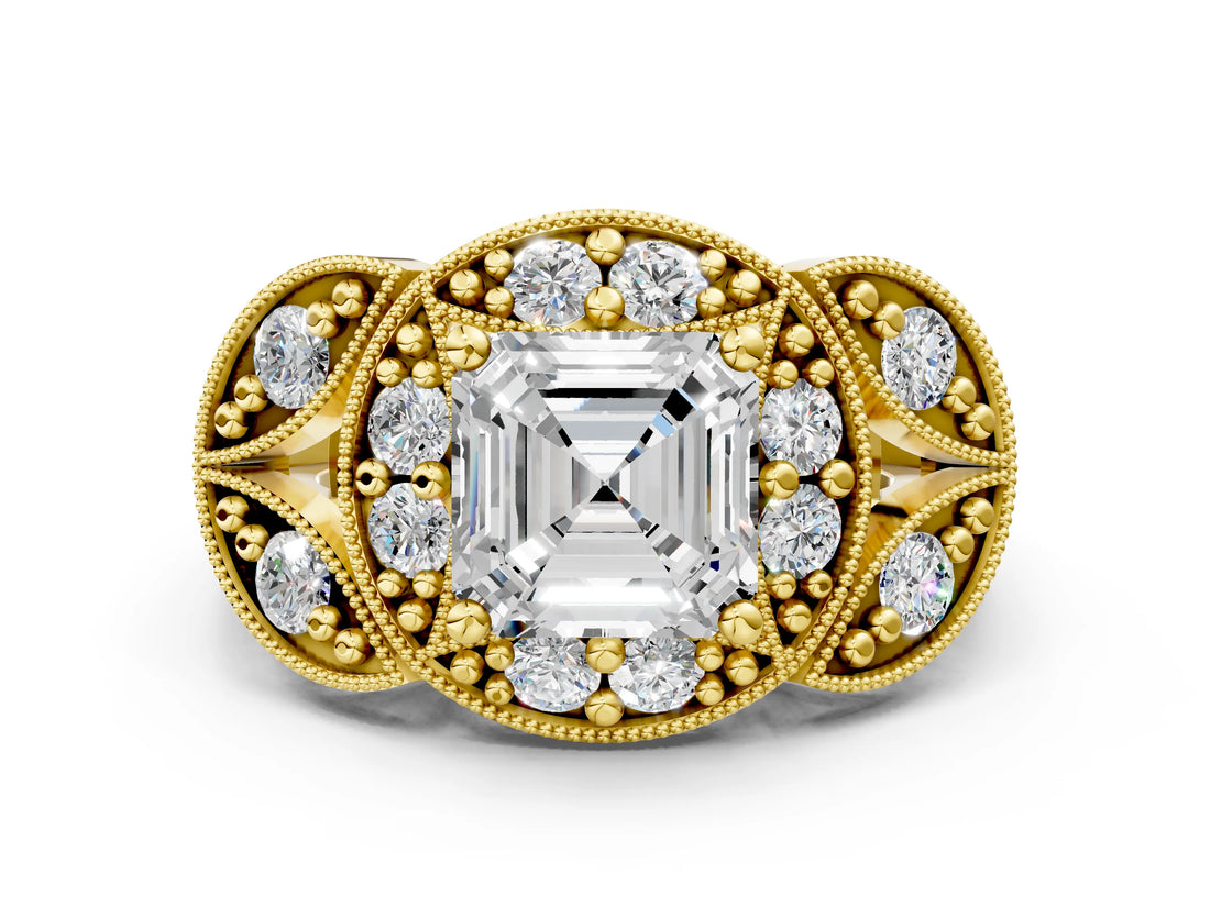 Yellow gold Asscher Cut Halo Milgrain Diamond Engagement Ring with Leaf Band and Four-Prong Setting_3